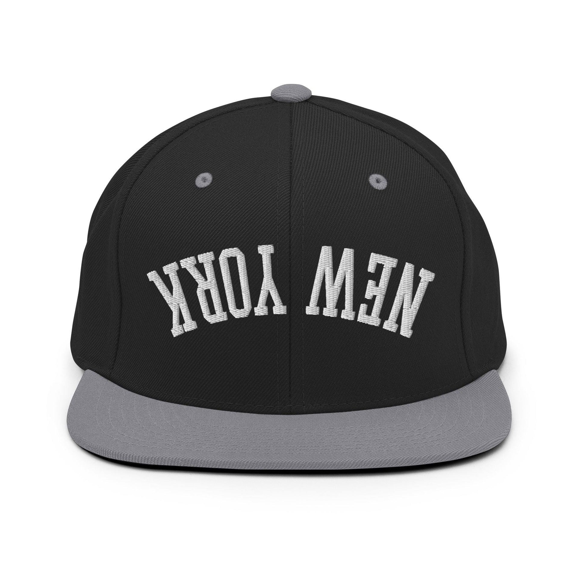 Upside Down New York Varsity Letterman Flat Bill Brim Snapback Hat Black Silver Capital Crowns New York City NY NYC Snapback Hats