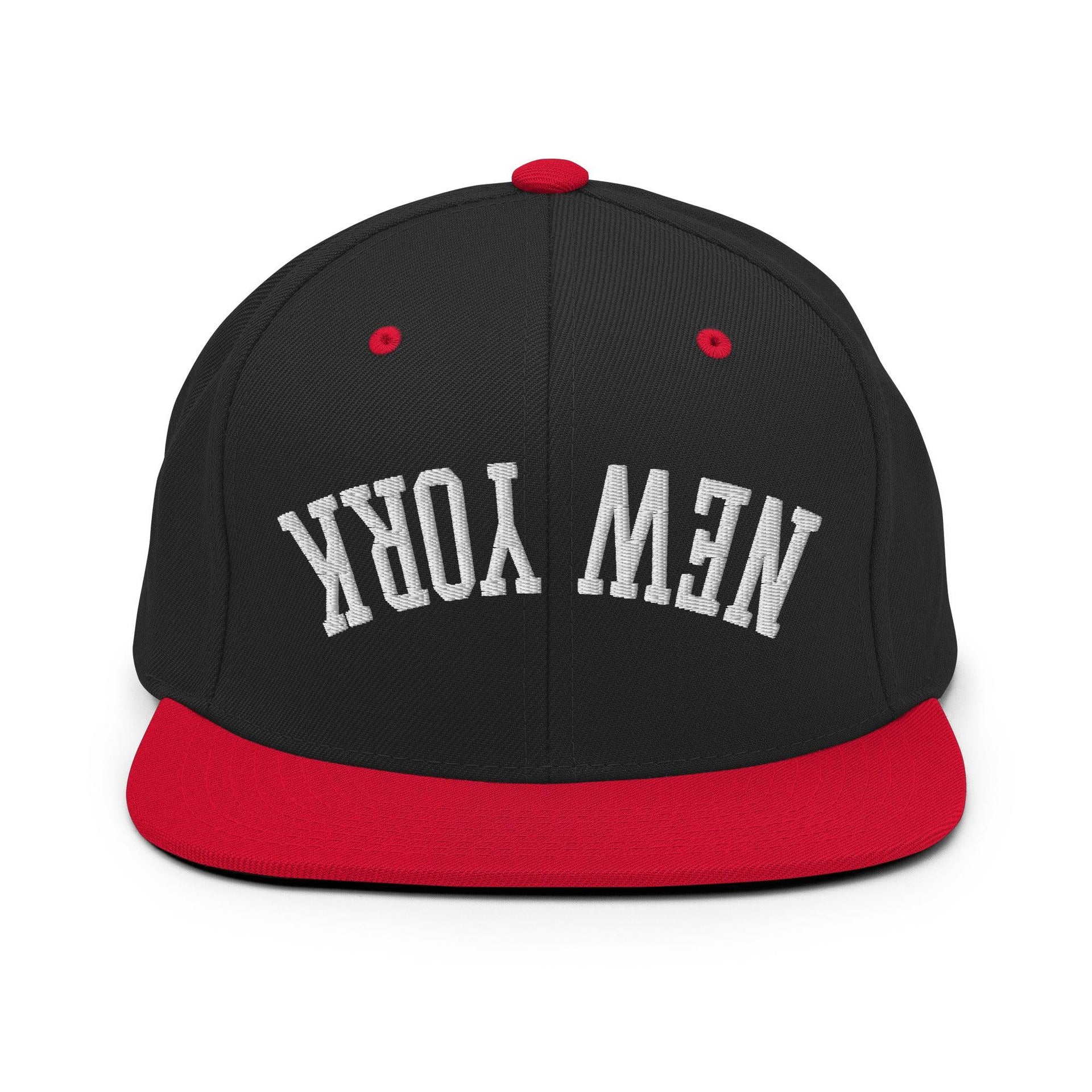 Upside Down New York Varsity Letterman Flat Bill Brim Snapback Hat Black Red Capital Crowns New York City NY NYC Snapback Hats