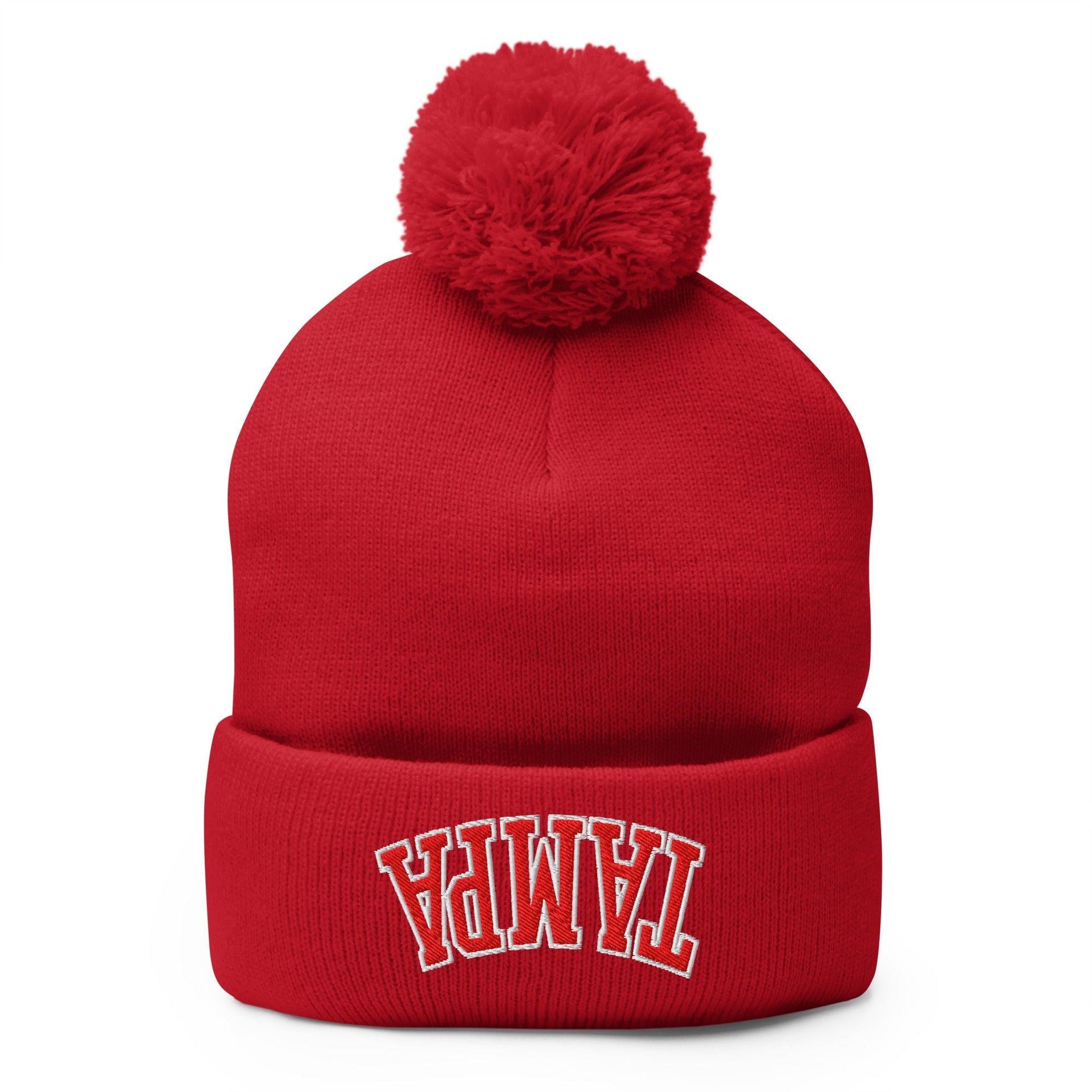 Upside Down Tampa Football Embroidered Knit Pom Pom Beanie Red Beanies Capital Crowns FL Football Tampa