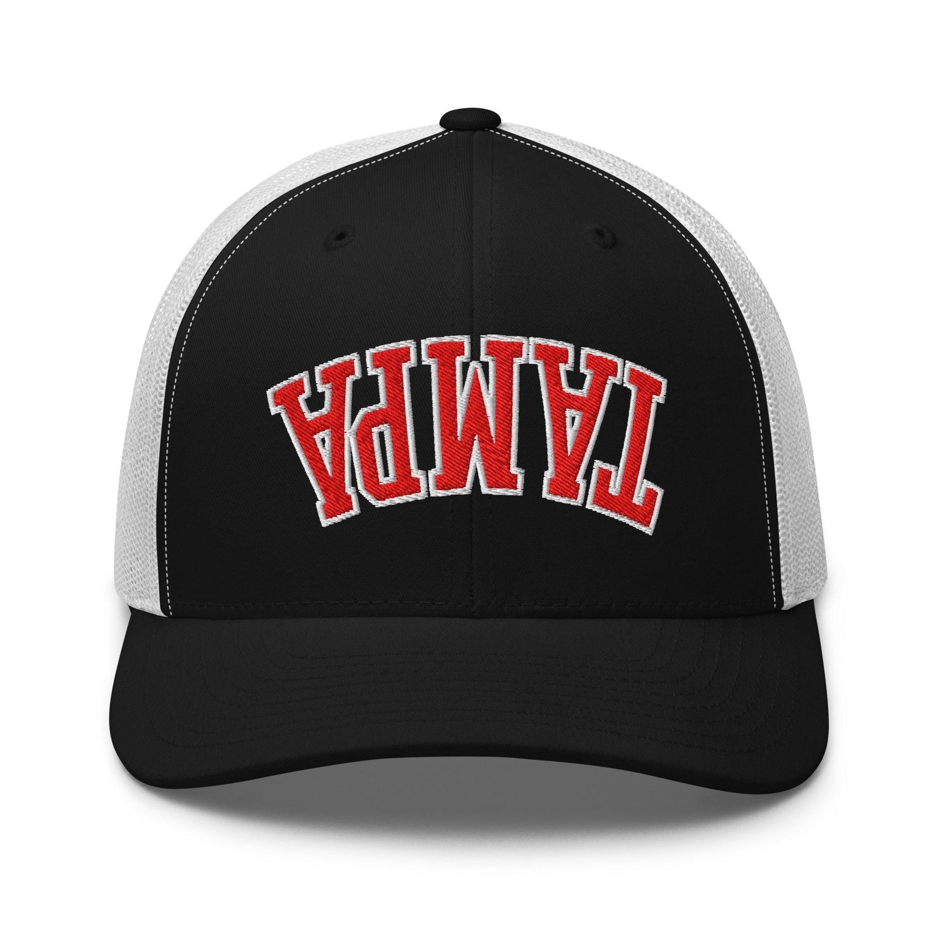 Upside Down Tampa Football Embroidered Mesh Trucker Hat Black White Capital Crowns FL Football Tampa Trucker Hats