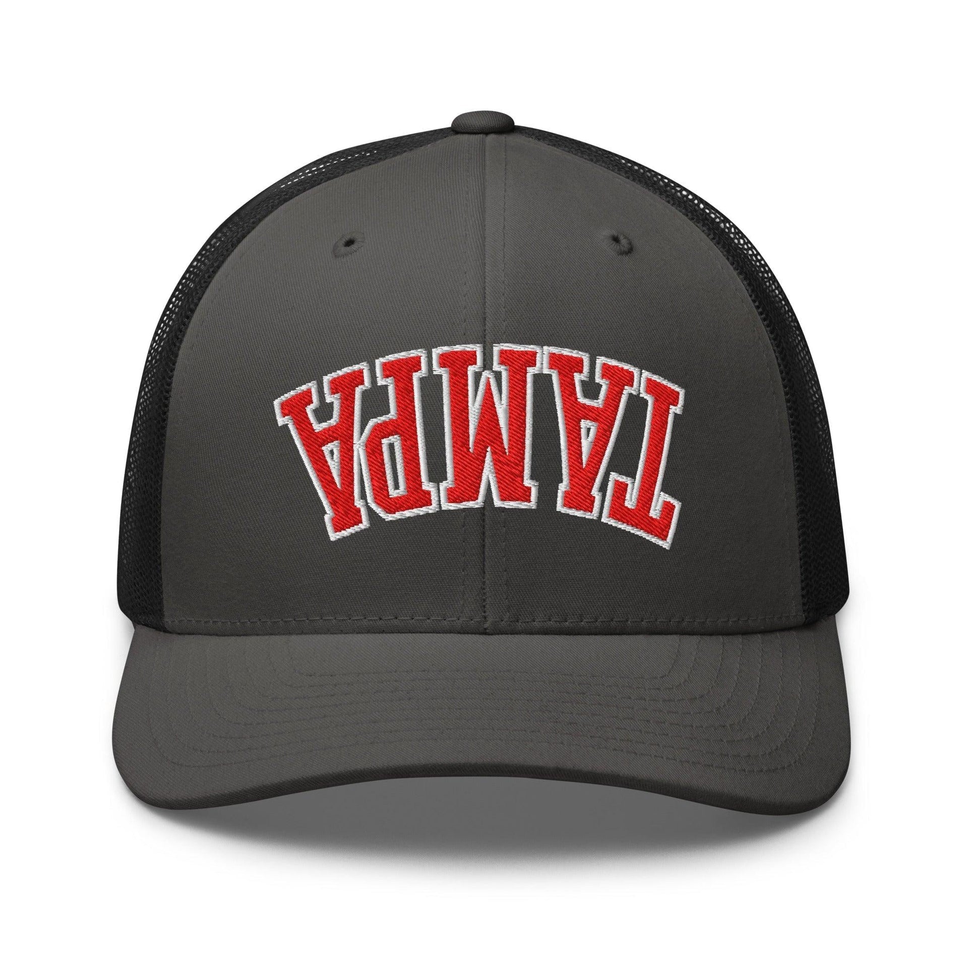 Upside Down Tampa Football Embroidered Mesh Trucker Hat Charcoal Black Capital Crowns FL Football Tampa Trucker Hats