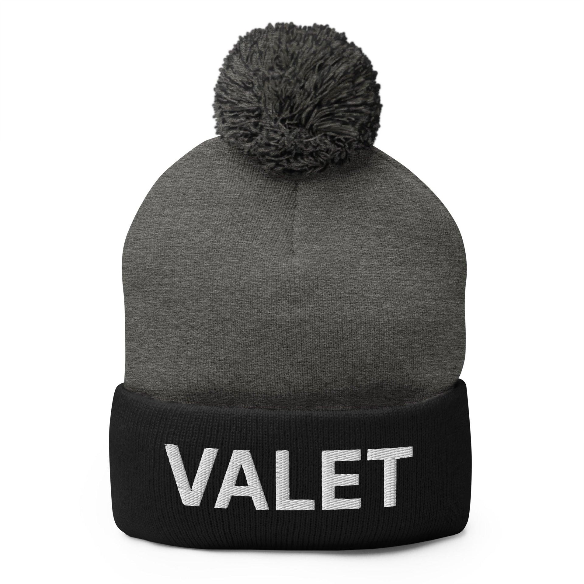 Valet Uniform Embroidered Knit Pom Pom Beanie Dark Heather Grey Black Beanies Capital Crowns Work