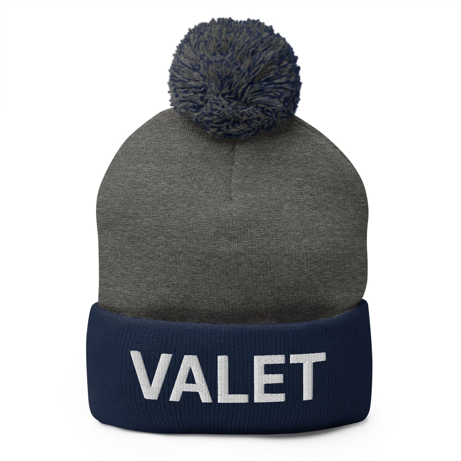 Valet Uniform Embroidered Knit Pom Pom Beanie Dark Heather Grey Navy Beanies Capital Crowns Work