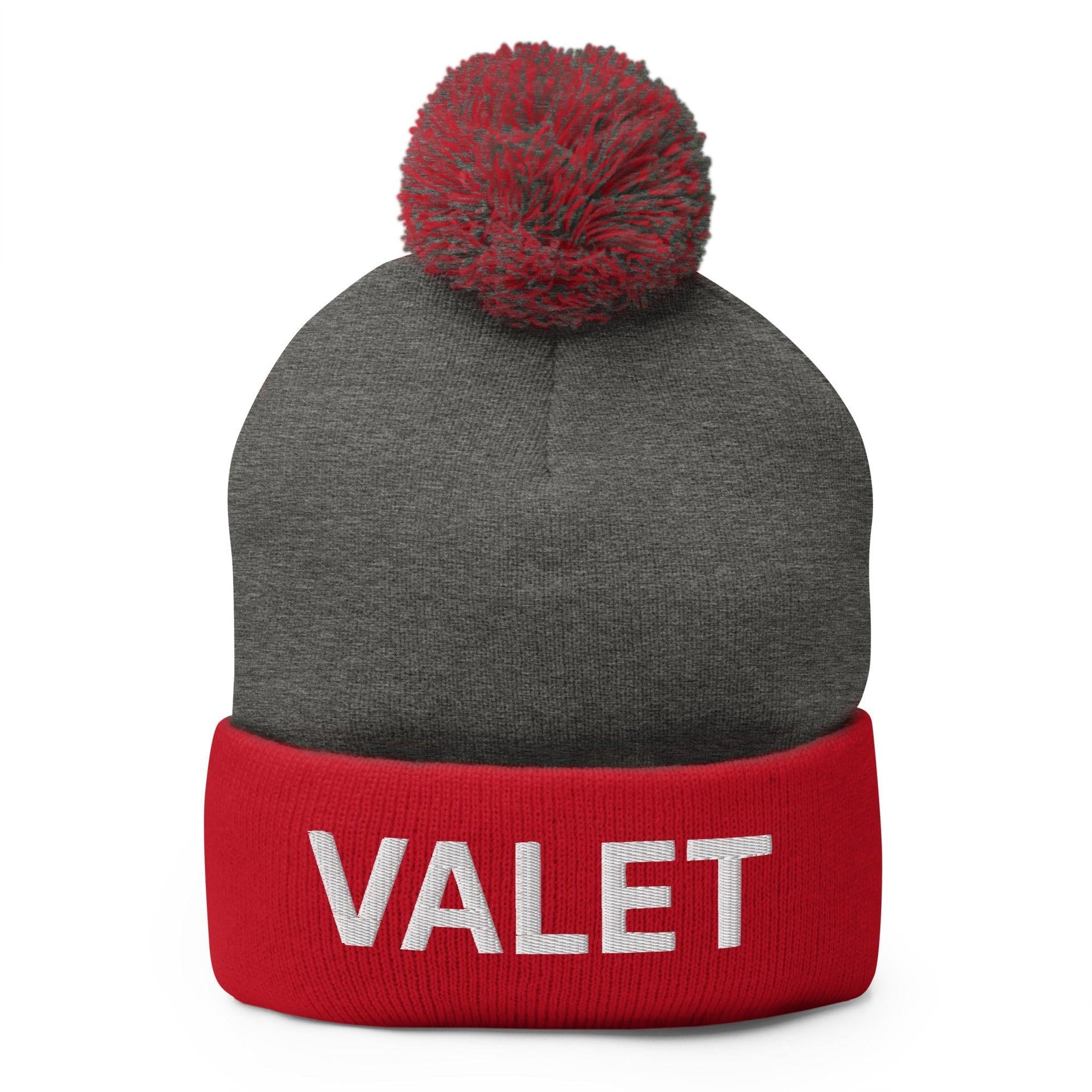 Valet Uniform Embroidered Knit Pom Pom Beanie Dark Heather Grey Red Beanies Capital Crowns Work