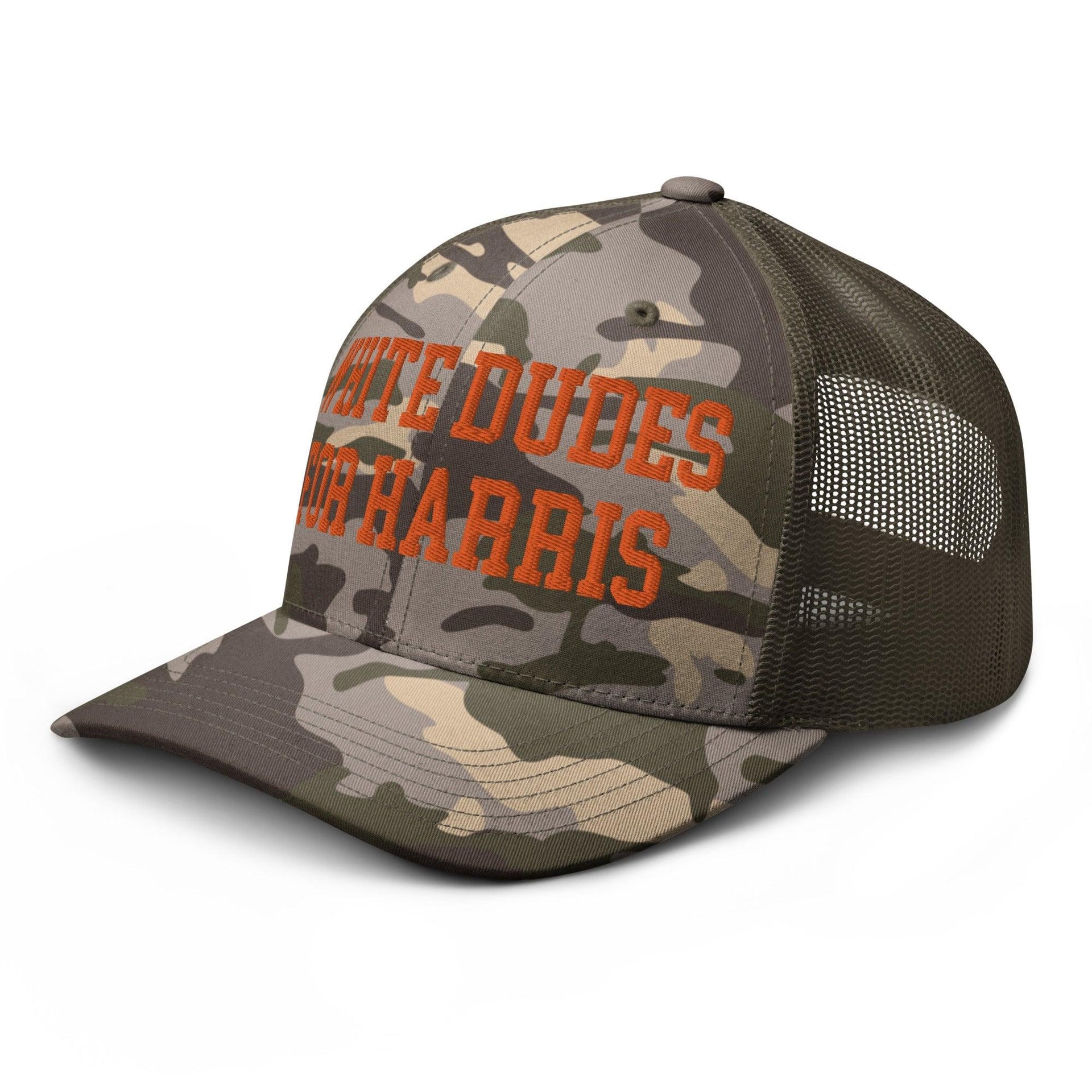White Dudes For Harris Embroidered Camo Trucker Hat Orange Capital Crowns LADs Liberal Orange Camo Trucker Hats