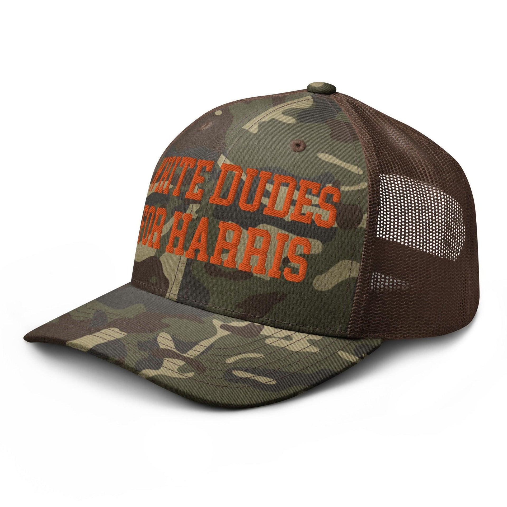 White Dudes For Harris Embroidered Camo Trucker Hat Orange Capital Crowns LADs Liberal Orange Camo Trucker Hats