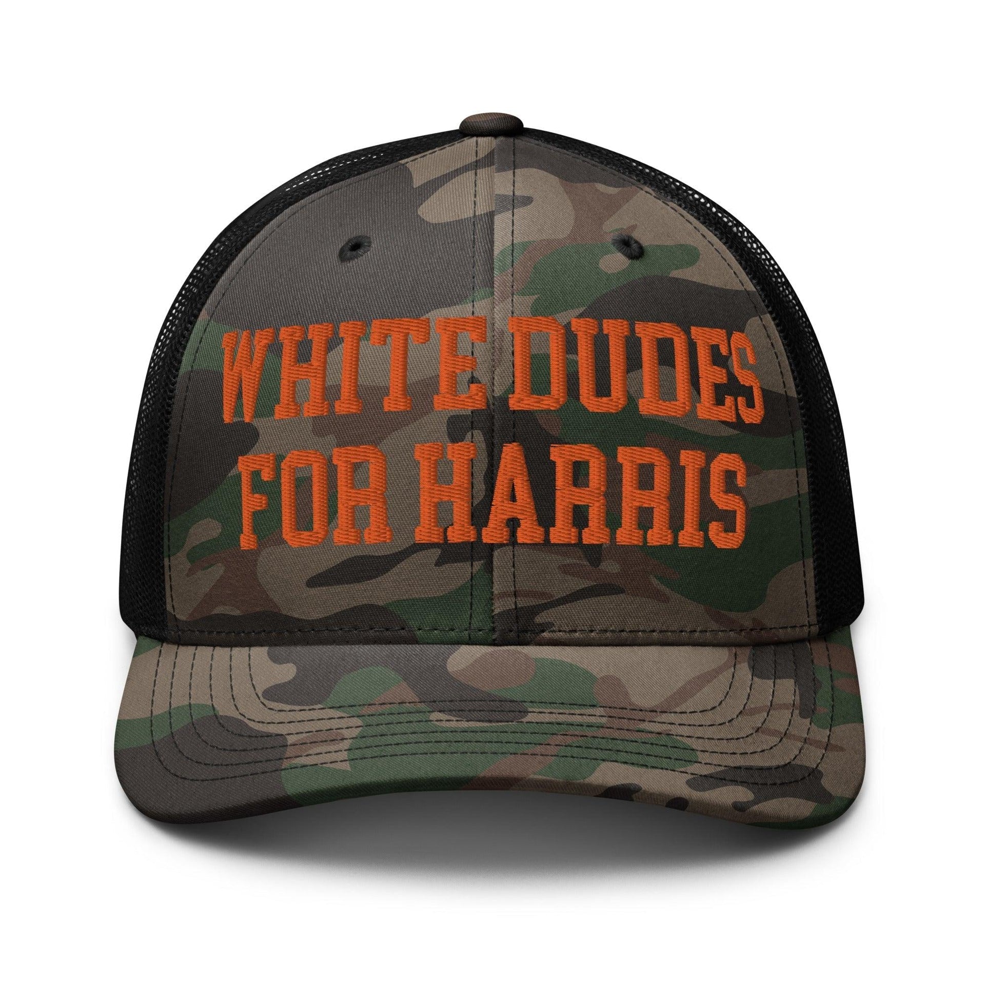 White Dudes For Harris Embroidered Camo Trucker Hat Orange Camo Black Capital Crowns LADs Liberal Orange Camo Trucker Hats