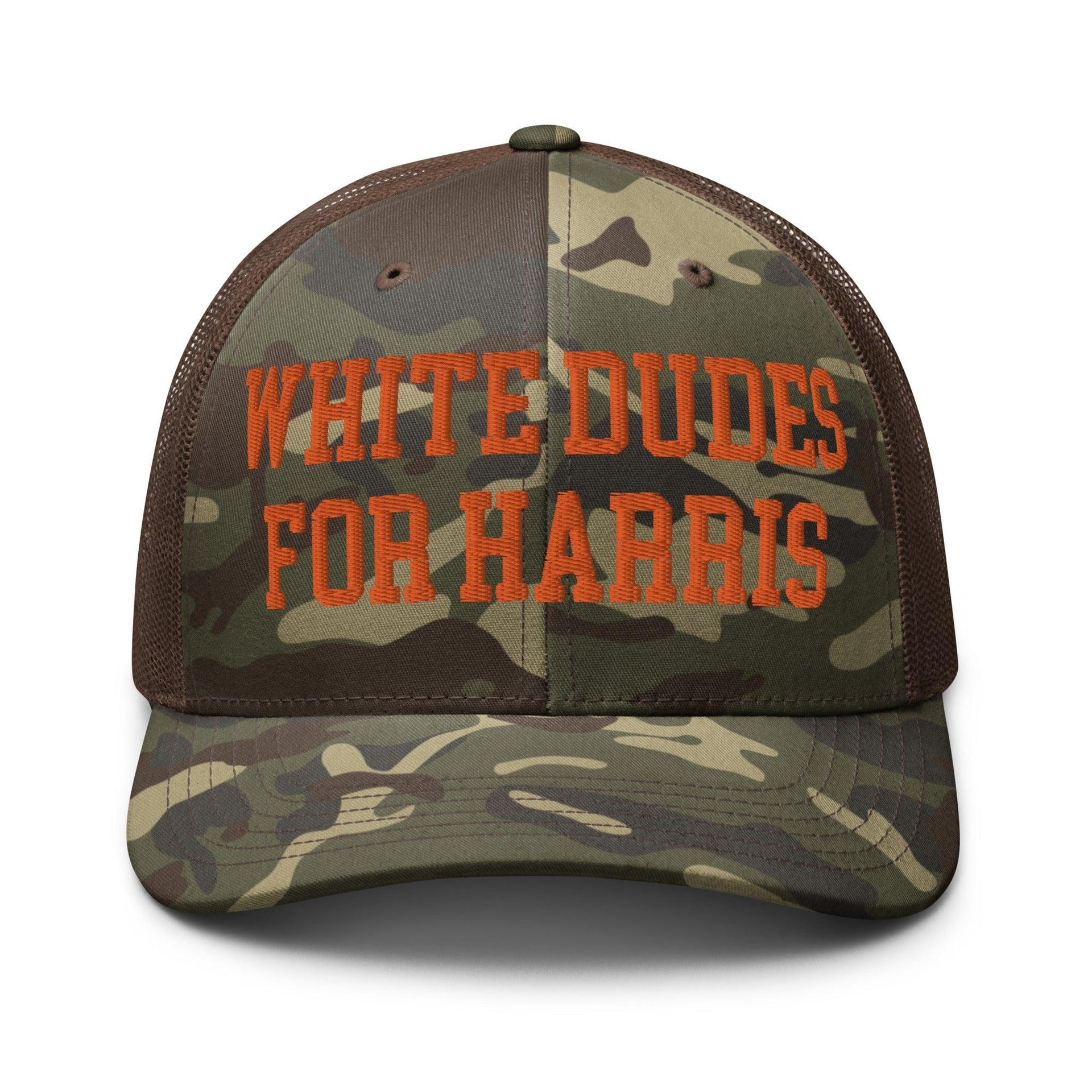 White Dudes For Harris Embroidered Camo Trucker Hat Orange Camo Brown Capital Crowns LADs Liberal Orange Camo Trucker Hats