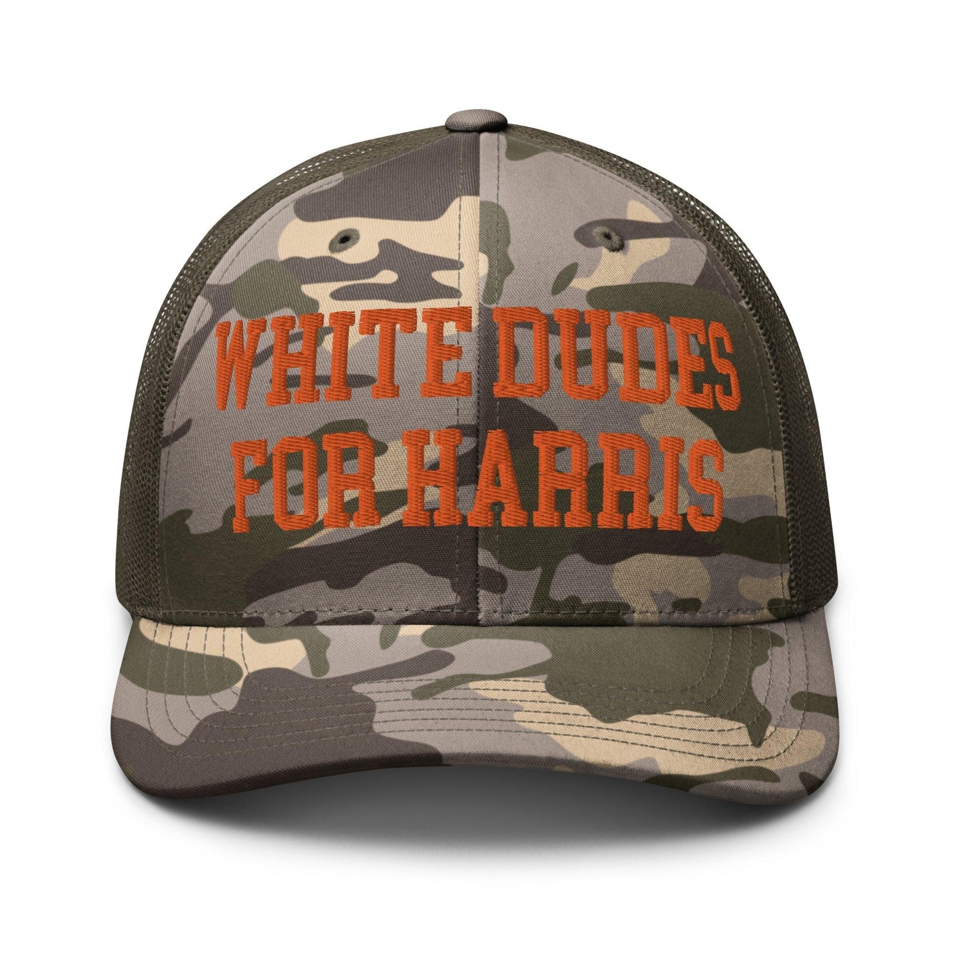White Dudes For Harris Embroidered Camo Trucker Hat Orange Camo Olive Capital Crowns LADs Liberal Orange Camo Trucker Hats