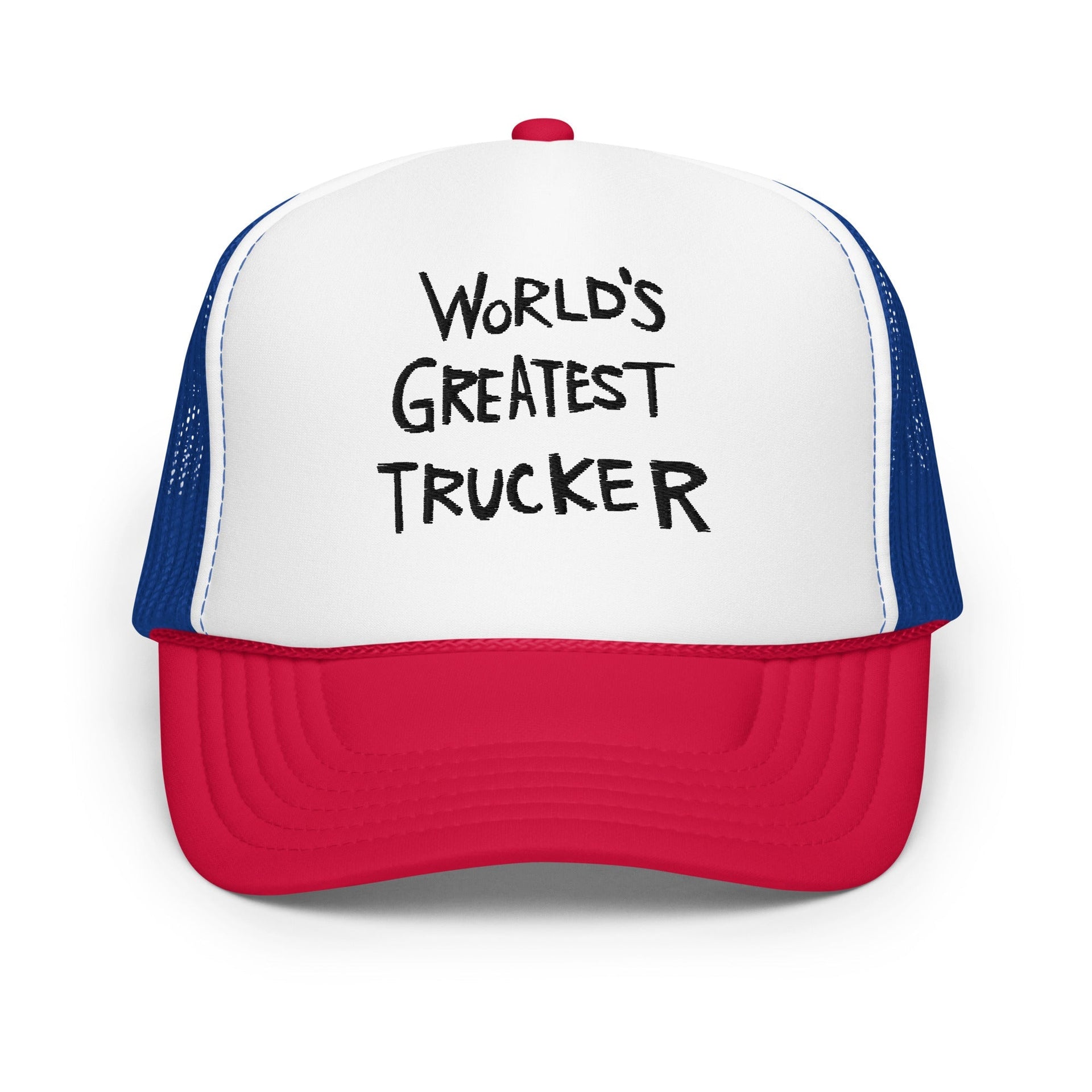 World's Greatest Trucker Regular Show Embroidered Foam Trucker Hat White Royal Red Capital Crowns Funny Trucker Hats