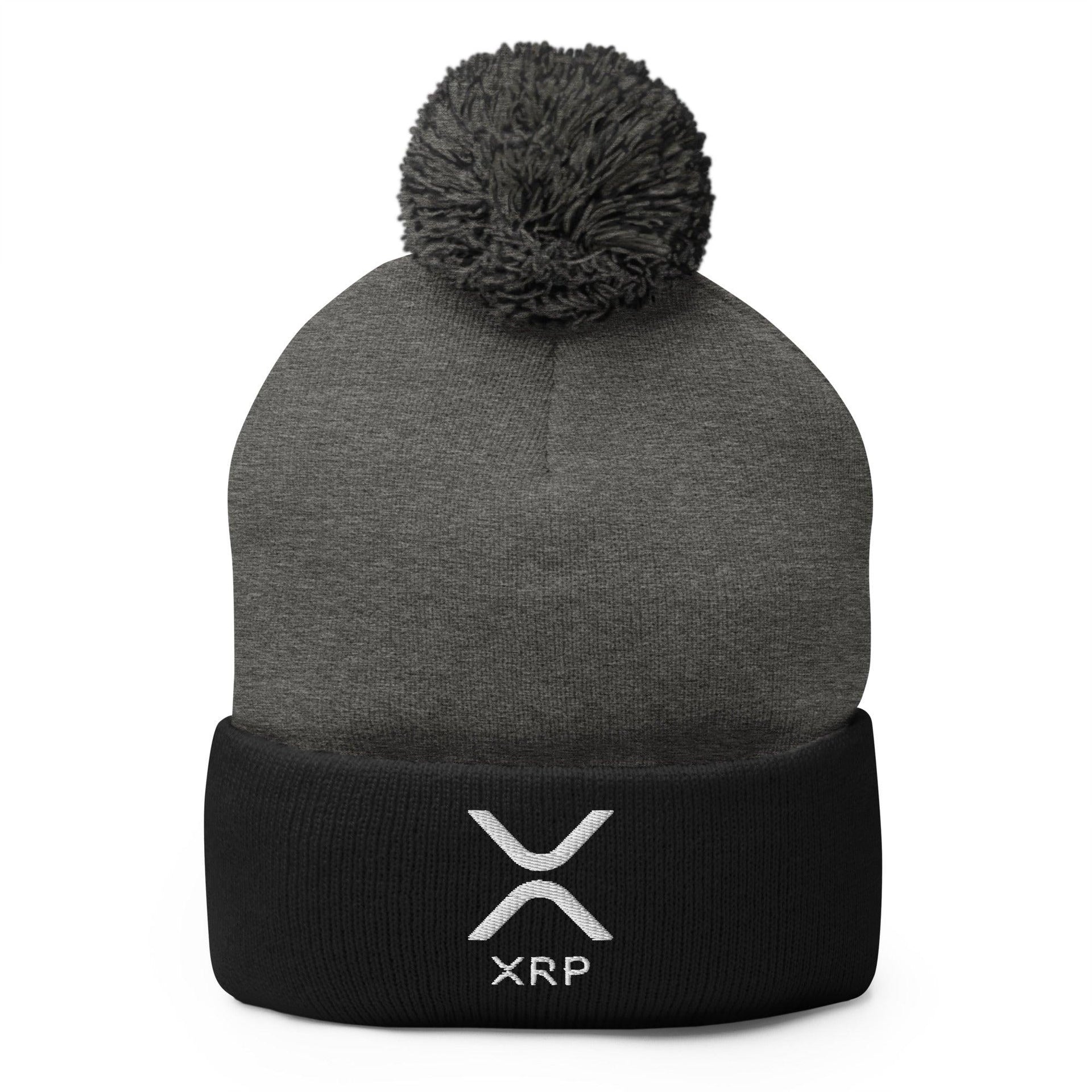 XRP Ripple Embroidered Knit Pom Pom Beanie Dark Heather Grey Black Beanies Capital Crowns Crypto