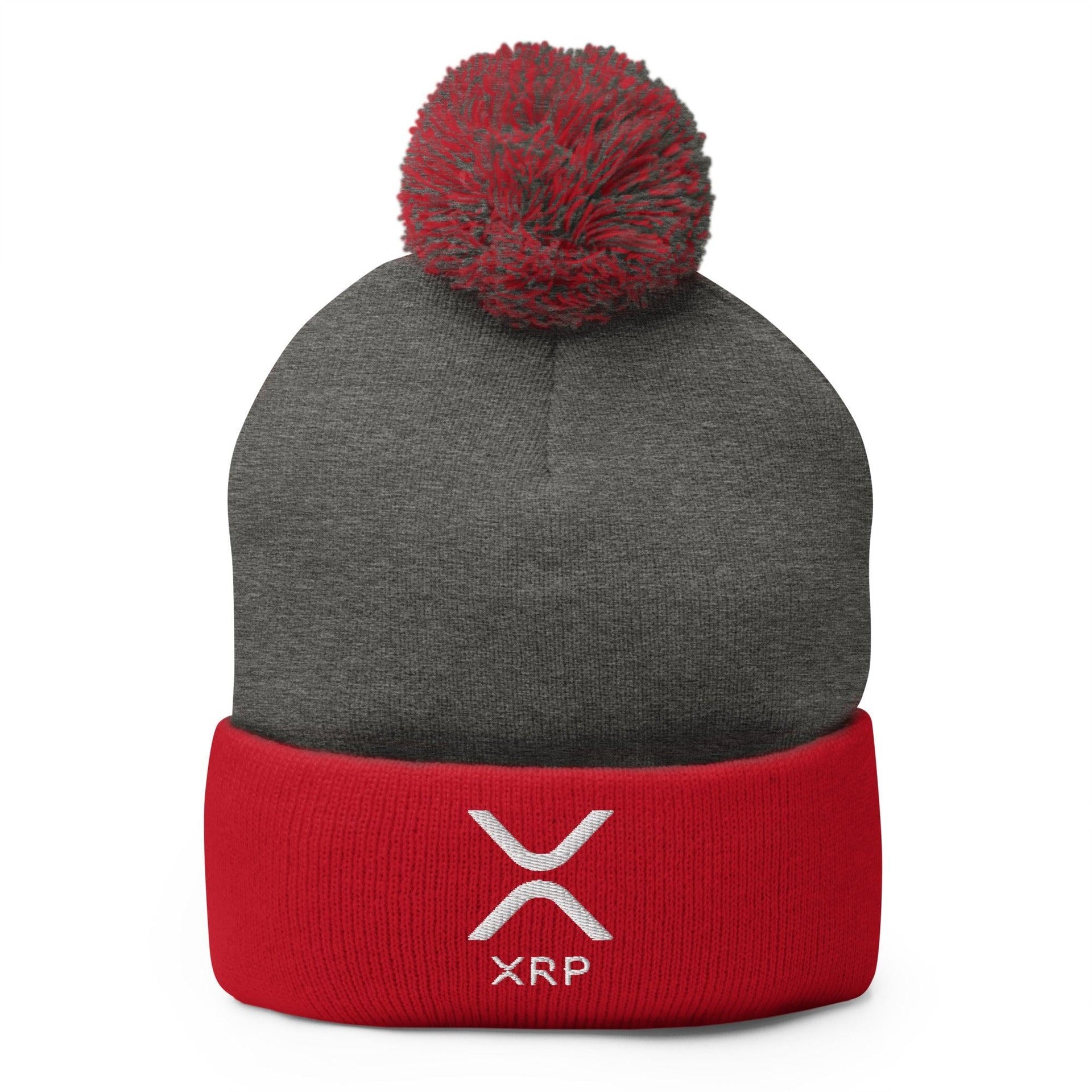 XRP Ripple Embroidered Knit Pom Pom Beanie Dark Heather Grey Red Beanies Capital Crowns Crypto
