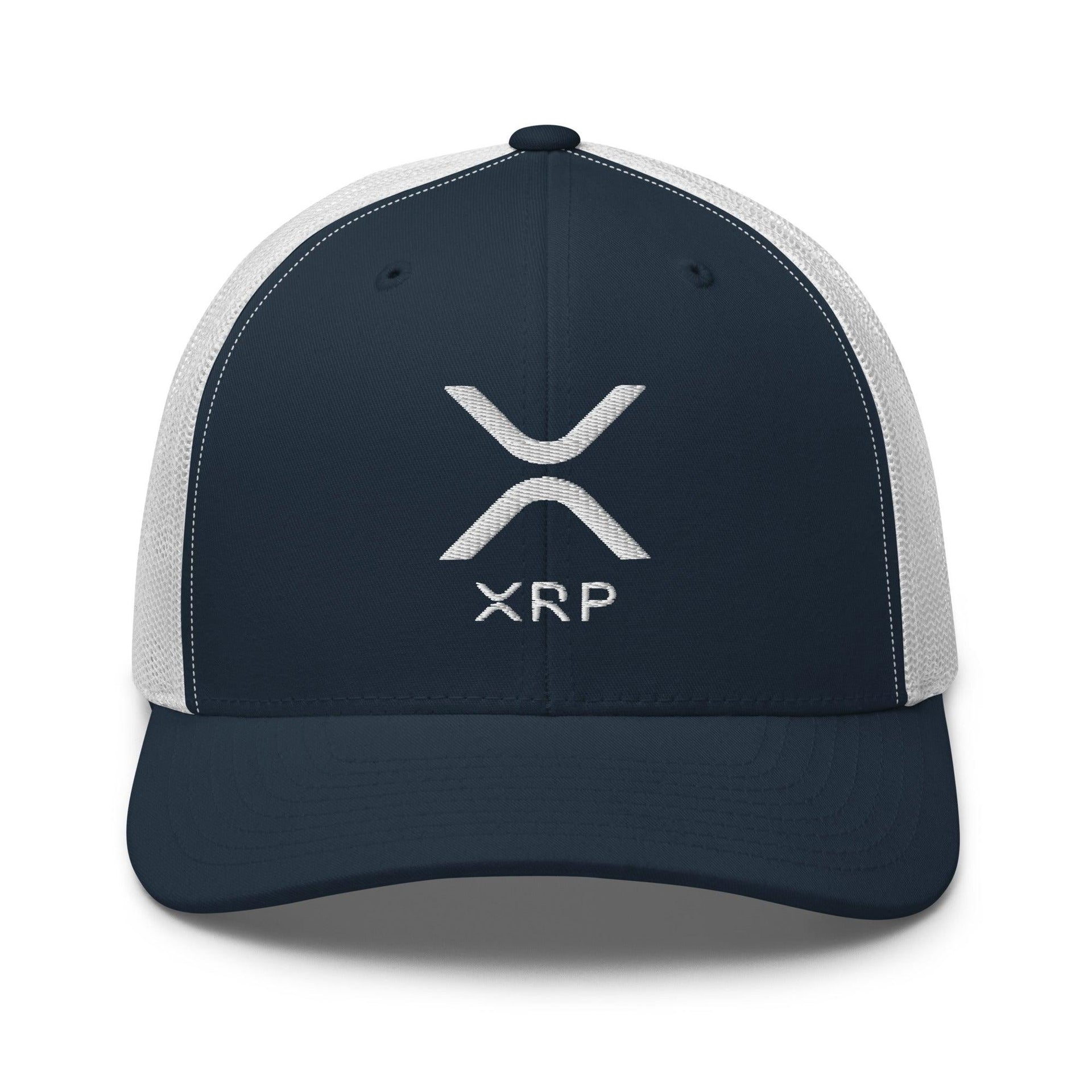 XRP Ripple Embroidered Mesh Trucker Hat Navy White Capital Crowns Crypto Trucker Hats