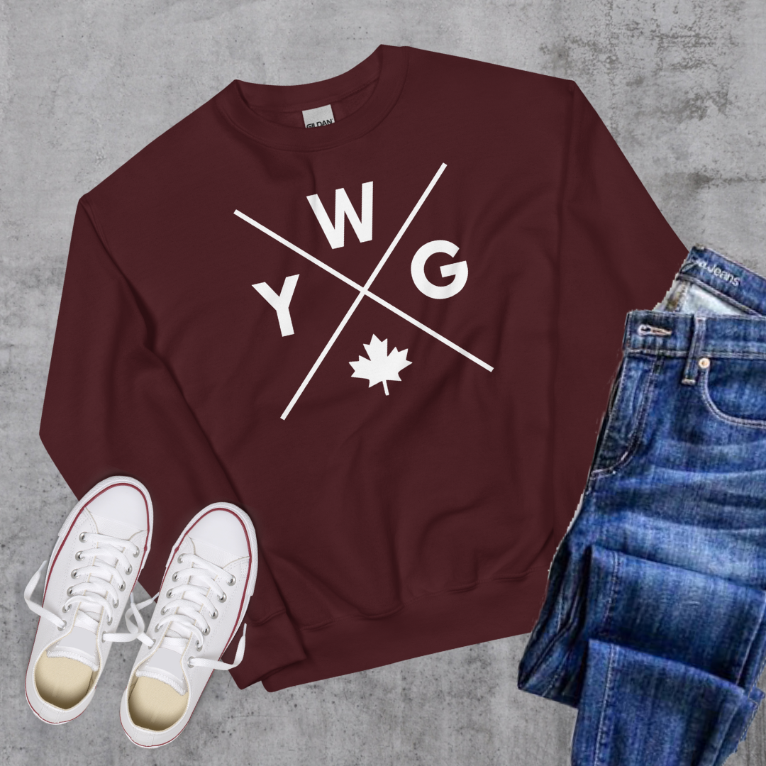 YWG π Crewneck Maroon Canadian City Apparel Manitoba