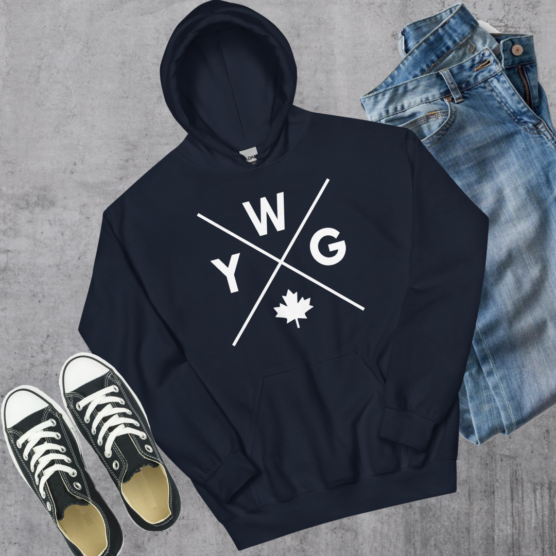 YWG π Hoodie Navy Canadian City Apparel Manitoba