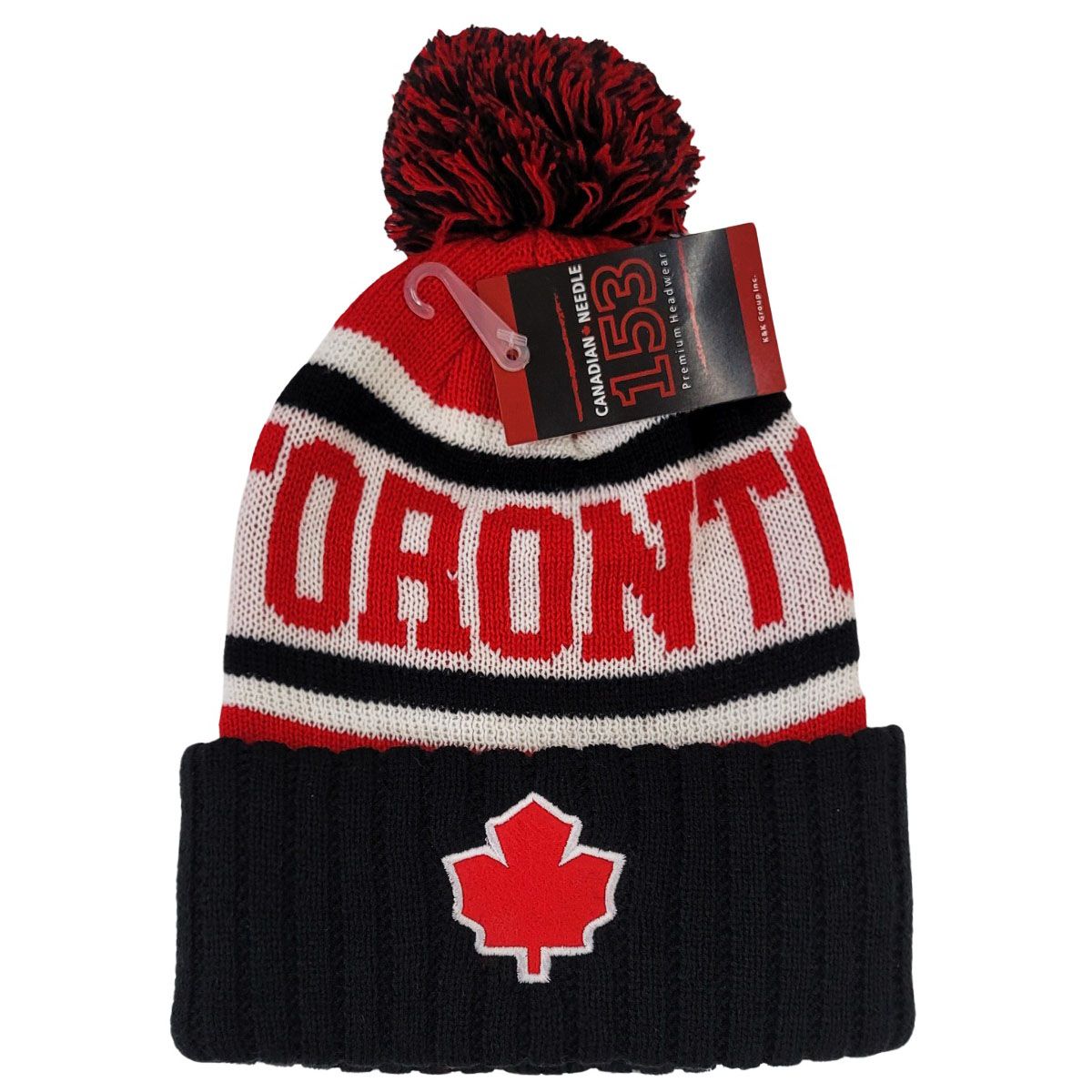 TORONTO Pom Knit Toque - Black with Red Jacquard Toronto, Red Leaf Felt Patch on Cuff, KW1902BKRD Best Seller Toronto