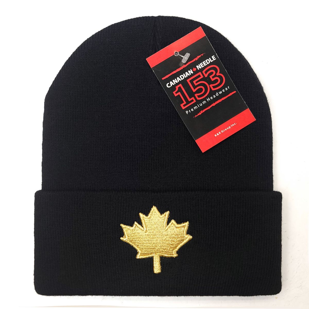 Canada Leaf Knit Toque - Cuff, Multi-Coloured Black with Gold Logo OSFA Best Seller