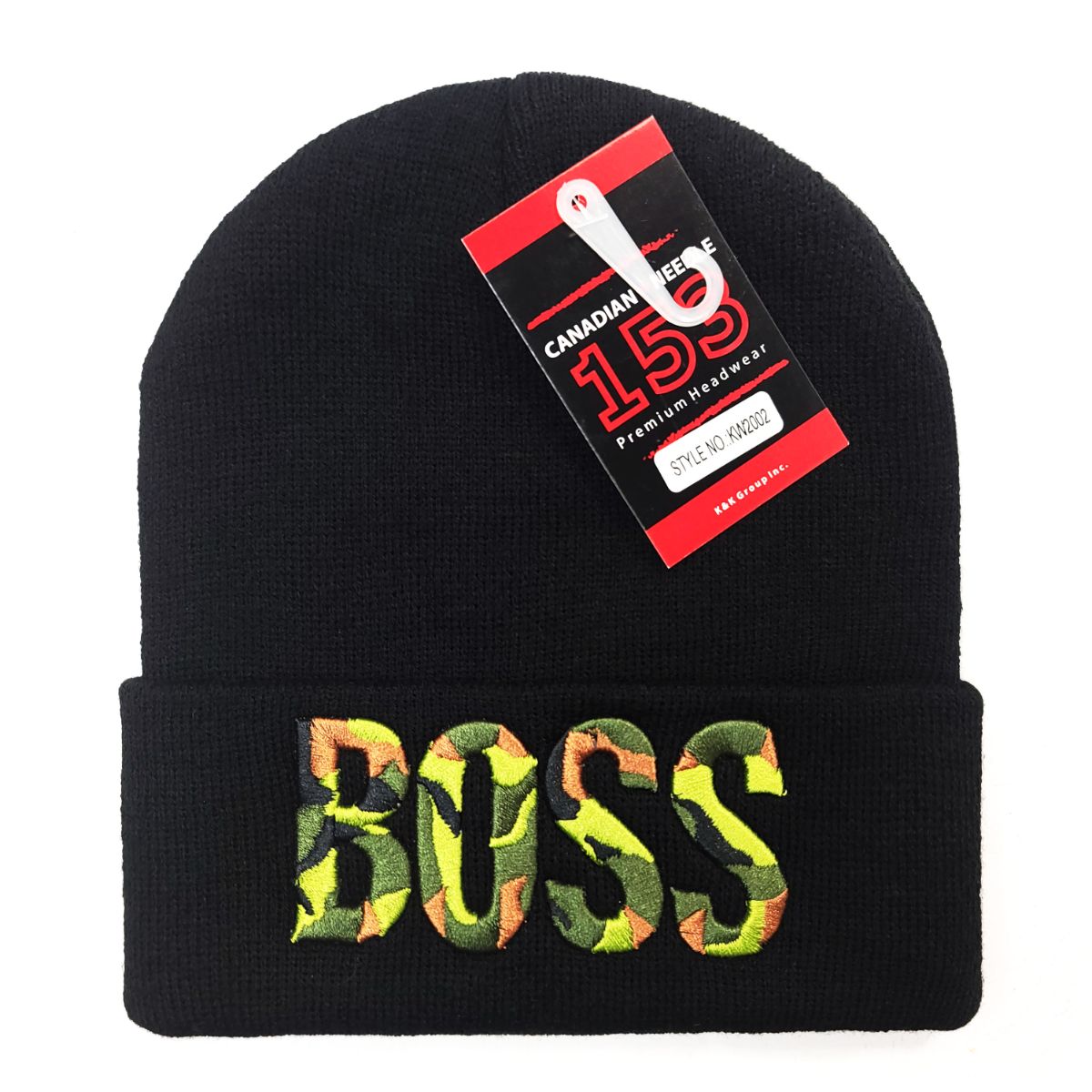 BOSS Knit Toque 3D - Cuff, Multi-Coloured Black with Green Camo Logo OSFA Best Seller BOSS Toque