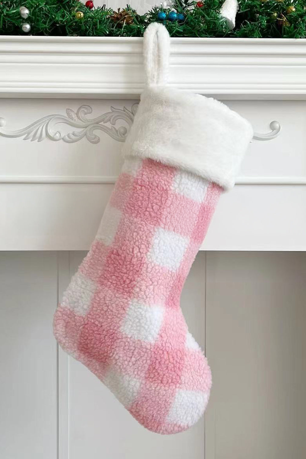 Pink Fleece Christmas Buffalo Plaid Stocking Ornament Pink ONE SIZE Color Black Color Pink Day Christmas Fabric Fleece&Velvet Pattern Plaid stocking stockings Style Casual