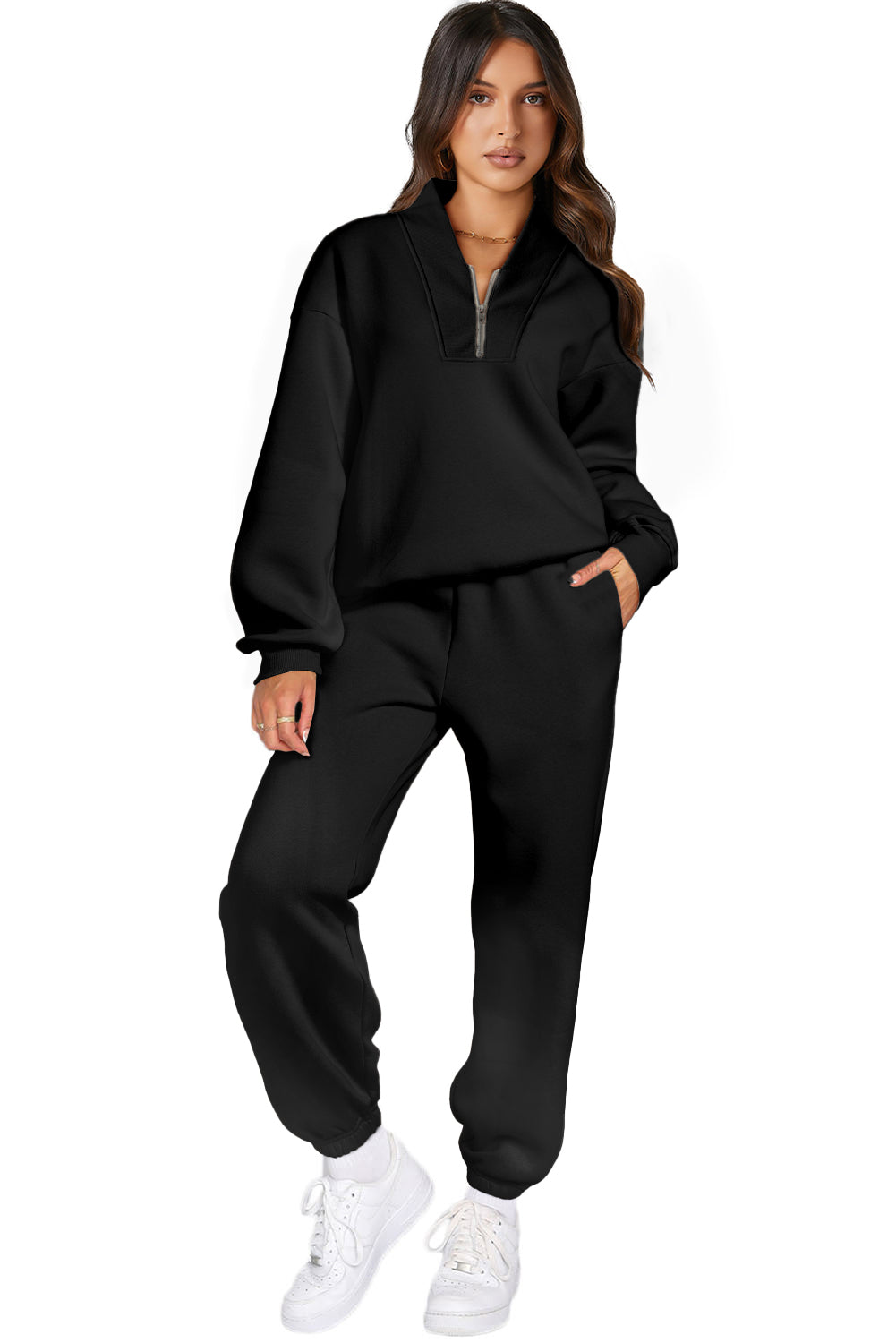 Black Plain Half Zip V Neck Top & Ribbed Edge Loose Pants Sets Color Black Fabric Cotton Fabric RibKnit matching set Occasion Daily Pattern Plain Season Spring&Autumn Style Casual