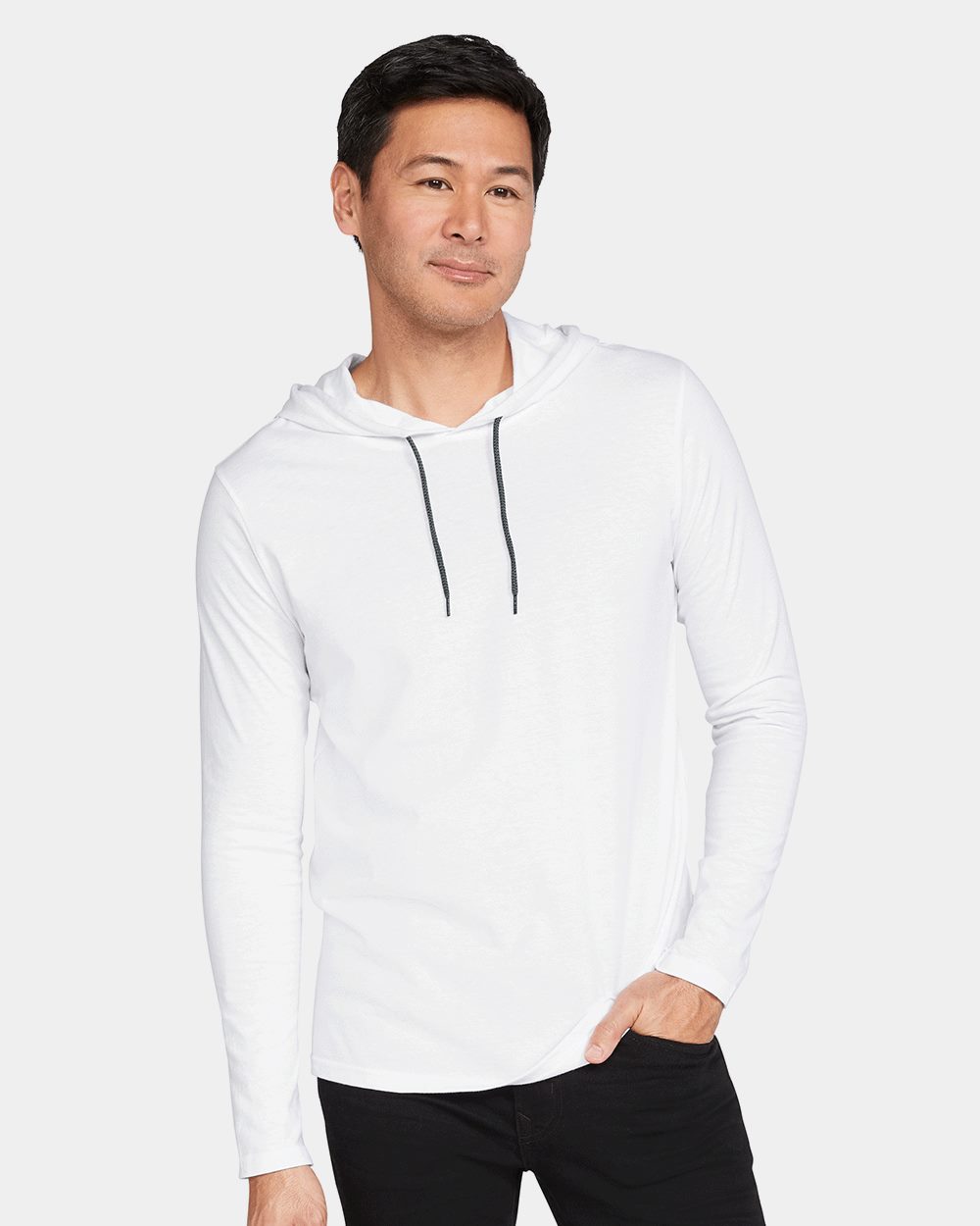 Gildan 987, Unisex Softstyle Lightweight Hooded Long Sleeve T-shirt, Black/ Dark Grey