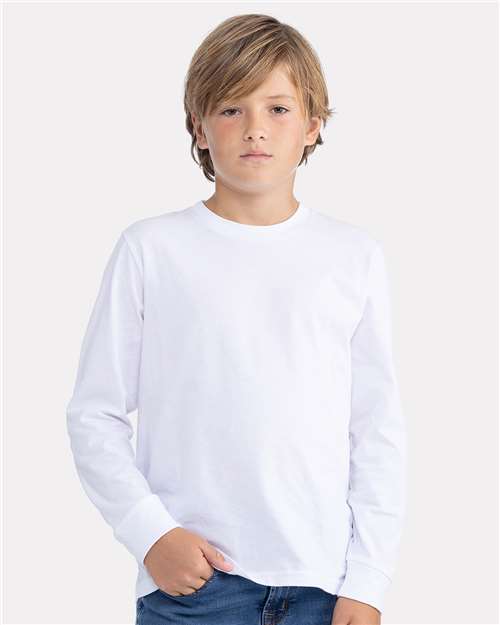 Youth Cotton Long Sleeve T-Shirt - - 11737 White 04118 3311 4-4.9 oz Back to School 2025 CA Best Selling Brands CA New ab Cotton Cotton - 100% Cotton - Ringspun Crewneck Eco-Friendly Fashion T-Shirts Long Sleeves Next Level Side Seams Socially Conscious Manufacturing Sustainable Manufacturing Sustainable Styles T-Shirts T-Shirts - Long Sleeve Tear Away Tops Youth