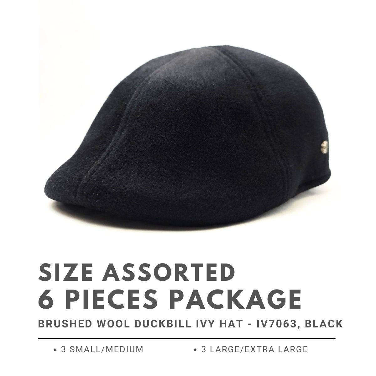 Brushed Wool Duckbill Ivy Hat - IV7063, 100% Wool, 2 sizes Black 6 peices Package (3 S M + 3 L XL) Fashion Hat