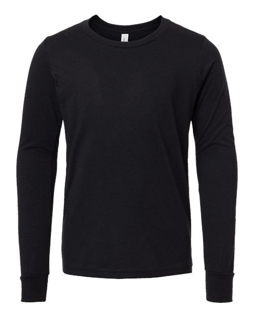 BELLA + CANVAS 3501YCVC, Youth Heather Cvc Long Sleeve Tee, Solid Black Blend