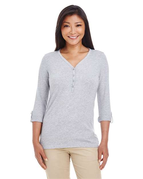 Women's Perfect Fit™ Y-Placket Convertible Sleeve Knit Top - - 13190 Grey Heather 3/4 Sleeves 5-5.9 oz 723B2 AB Exclusive Brands CA New ab Cotton Devon & Jones DP186W Henley Knit Long Sleeves New AB Polos & Knits Rayon S&S Deep Deals S&S Exclusive Brands Spandex T-Shirts - Long Sleeve Tops V-Neck Womens