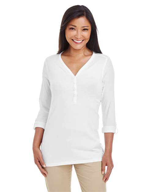 Women's Perfect Fit™ Y-Placket Convertible Sleeve Knit Top - - 13190 White 3/4 Sleeves 5-5.9 oz 723B2 AB Exclusive Brands CA New ab Cotton Devon & Jones DP186W Henley Knit Long Sleeves New AB Polos & Knits Rayon S&S Deep Deals S&S Exclusive Brands Spandex T-Shirts - Long Sleeve Tops V-Neck Womens