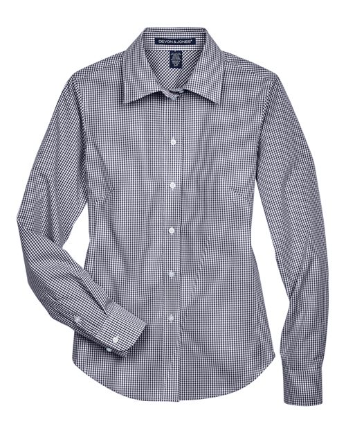 Devon & Jones D640W, Women's Crown Collection Gingham Check Woven Dress Shirt, Navy