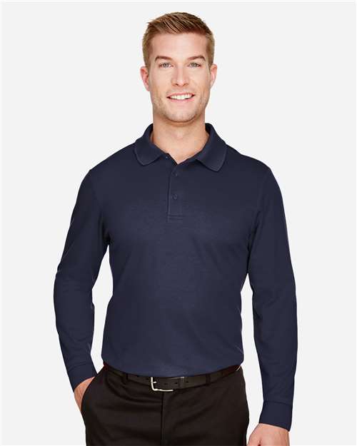 Devon & Jones DG20L, Men's Crownlux Performance Plaited Long Sleeve Polo, Navy