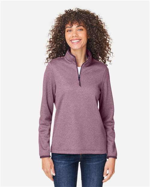 CORE365 CE73W, Women's Venture Heathered Stripe Quarter-zip Pullover, Burgundy/ White