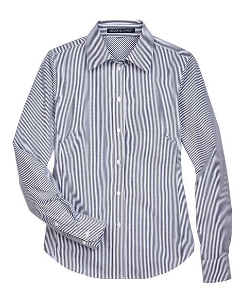 Devon & Jones D645W, Women's Crown Collection Banker Stripe Woven Dress Shirt, Navy