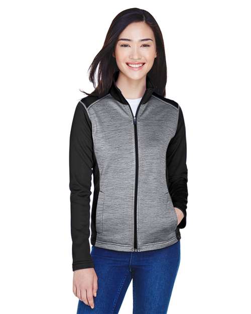 Women's Newbury Colorblock Mélange Fleece Full-Zip Jacket - - 13361 Black Heather Dark Grey Heather 6-6.9 oz 713B2 AB Exclusive Brands CA New ab Devon & Jones DG796W Fleece Full-Zips Jackets Long Sleeves New AB Outerwear Performance Pockets Polyester - 100% S&S Deep Deals S&S Exclusive Brands Womens Zips