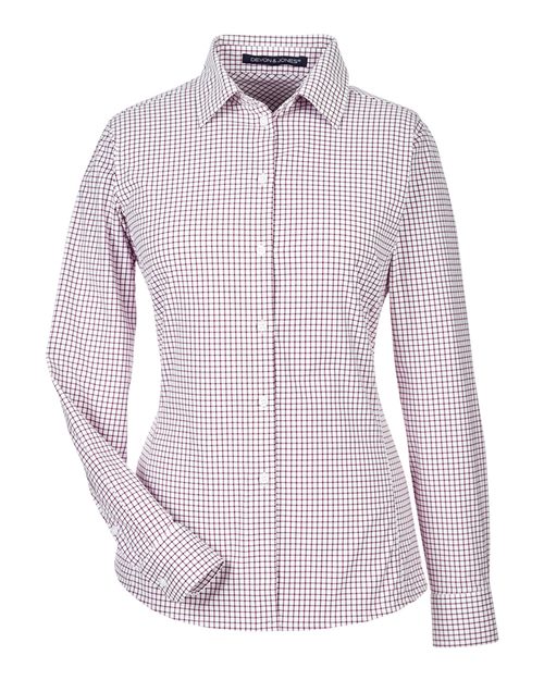 Devon & Jones DG540W, Women's Crownlux Performance Micro Windowpane Woven Dress Shirt, Burgundy/ White