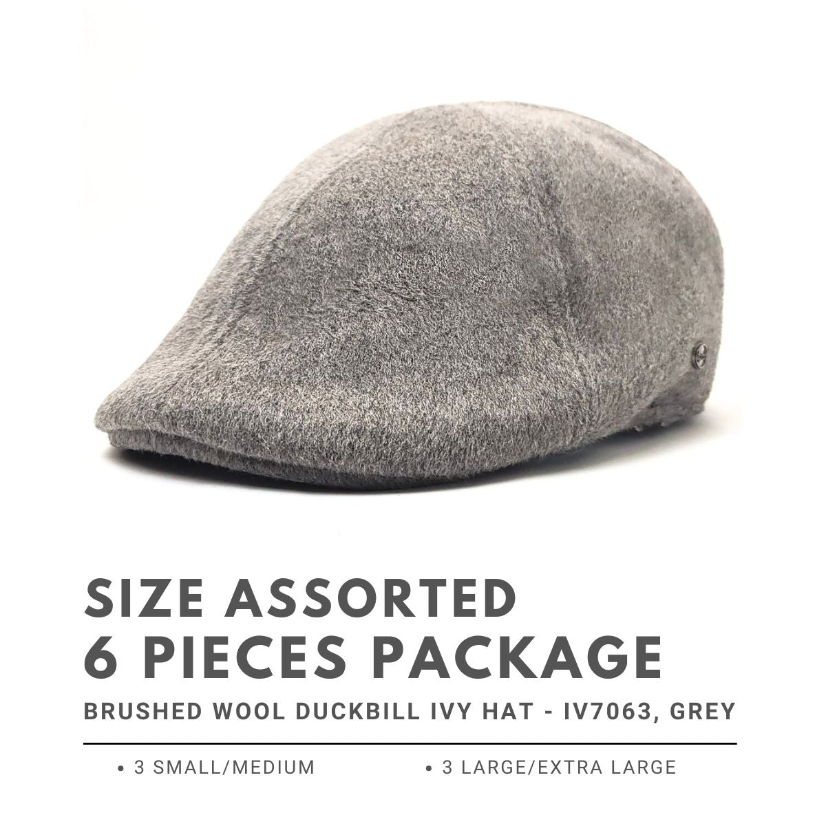 Brushed Wool Duckbill Ivy Hat - IV7063, 100% Wool, 2 sizes Grey 6 peices Package (3 S M + 3 L XL) Fashion Hat