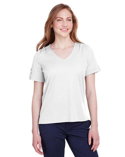 Women's CrownLux Performance® Plaited Rolled Sleeve Shirt - - 13387 White 641B2 AB Exclusive Brands CA New ab Devon & Jones DG20WB Moisture-Management New AB Performance S&S Deep Deals Short Sleeves Side Seams Sport Shirts Sun/UV Protection Tops Womens