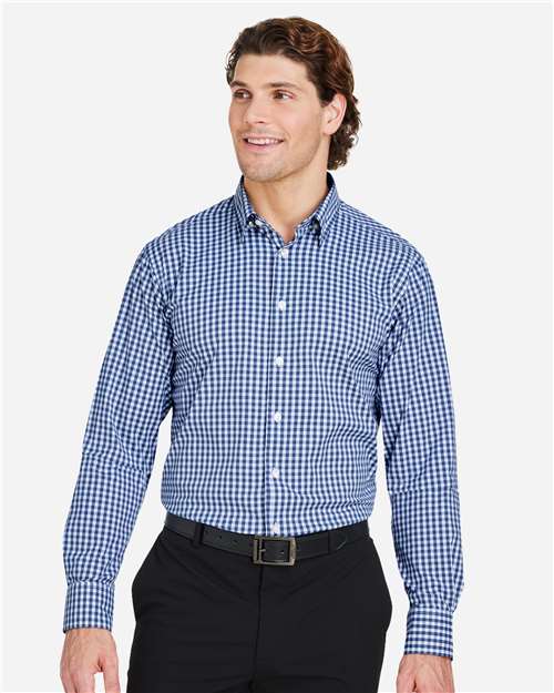 Devon & Jones DG536, Men's Crownlux Performance Gingham Dress Shirt, Navy/ White