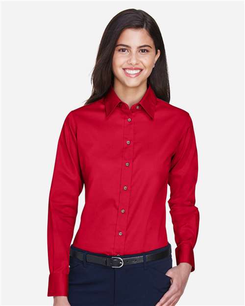 Harriton M500W, Women's Easy Blend Twill Dress Shirt With Stain-release, Red