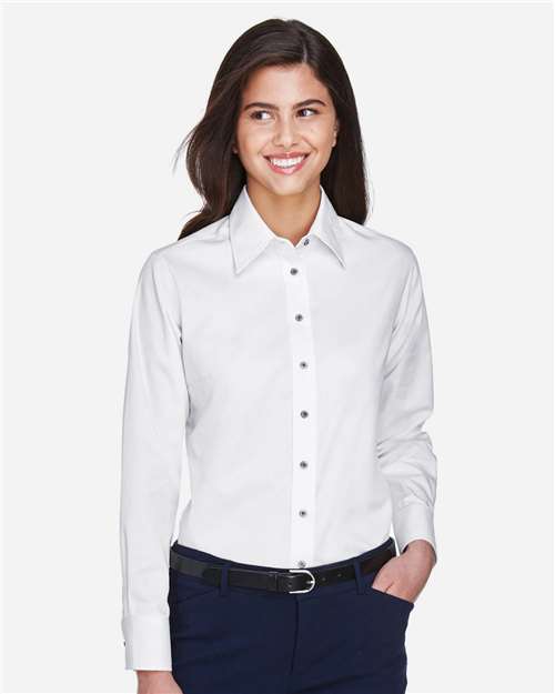 Harriton M500W, Women's Easy Blend Twill Dress Shirt With Stain-release, White