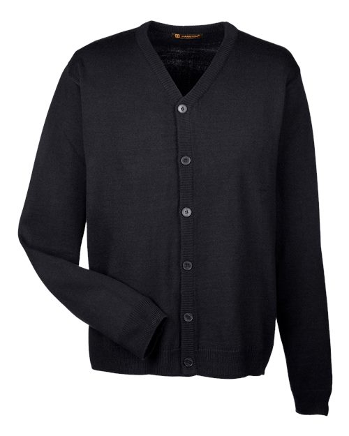 Harriton M425, Men's Pilbloc V-neck Button Cardigan Sweater, Black