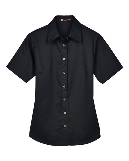 Harriton M500SW, Women's Easy Blend Short Sleeve Twill Dress Shirt With Stain-release, Black