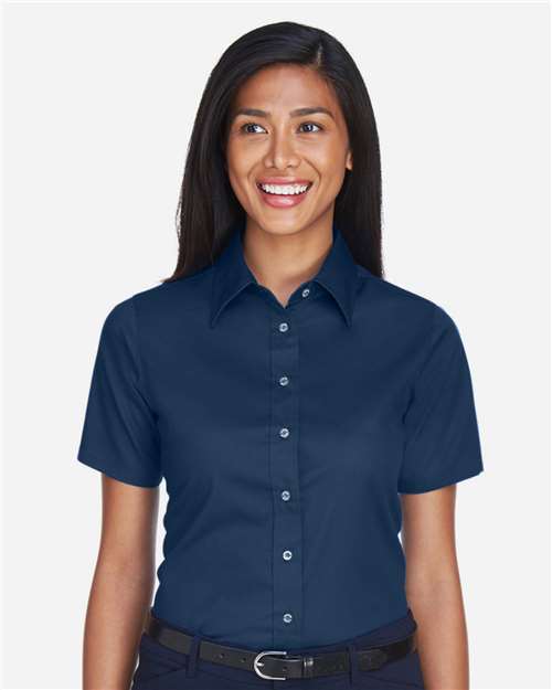 Harriton M500SW, Women's Easy Blend Short Sleeve Twill Dress Shirt With Stain-release, Navy