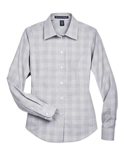 Devon & Jones DG520W, Women's Crown Collection Glen Plaid Woven Dress Shirt, White/ Graphite/ Light Grey