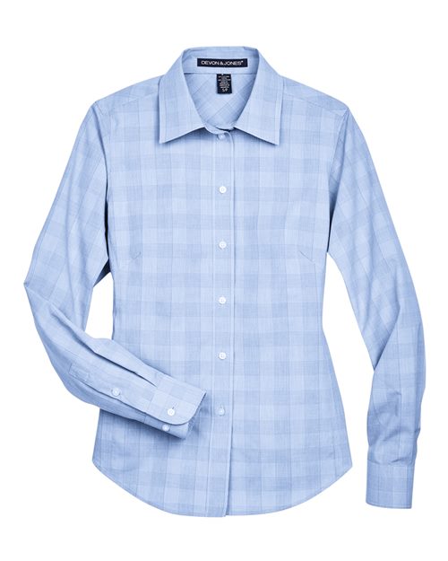 Devon & Jones DG520W, Women's Crown Collection Glen Plaid Woven Dress Shirt, White/ Light French Blue/ French Blue