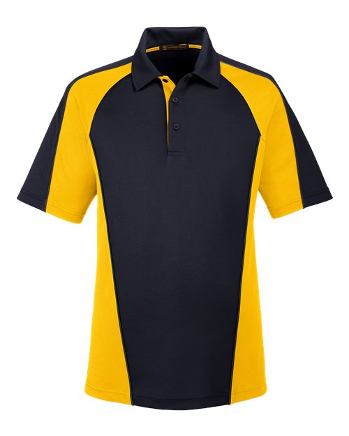 Harriton M385, Men's Advantage Snag Protection Plus Il Colorblock Polo, Black/ Sunray Yellow/ Dark Charcoal