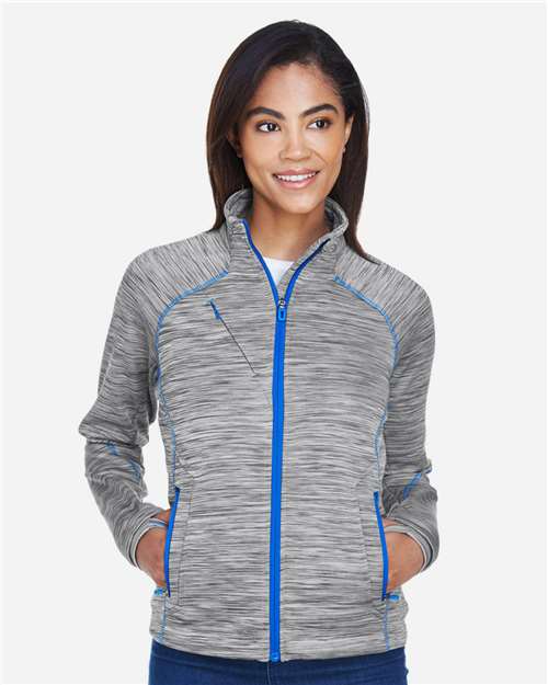 Women's Flux Mélange Bonded Fleece Jacket - - 14064 Platinum Olympic Blue 245D3 7-7.9 oz 78697 AB Exclusive Brands Activewear CA New ab Fleece Full-Zips Jackets Media Pocket New AB North End Outerwear Pockets Polyester - 100% S&S Exclusive Brands Thumbholes Womens Zips