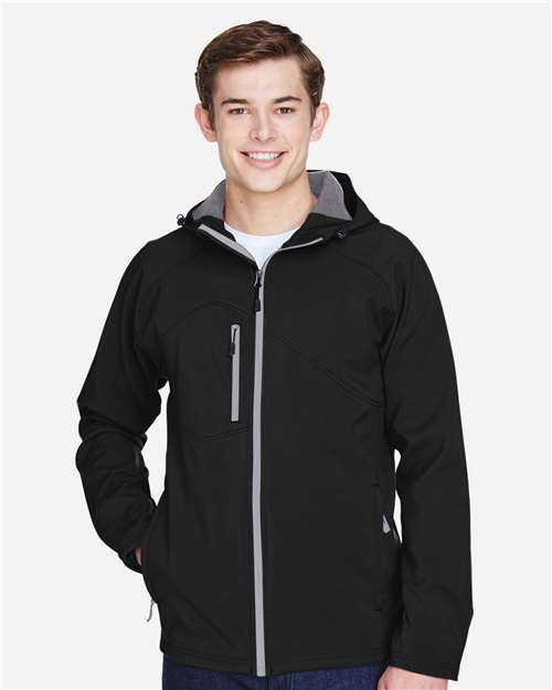 Men's Prospect Two-Layer Fleece Bonded Soft Shell Hooded Jacket - - 14070 Black 139D3 7-7.9 oz 88166 AB Exclusive Brands Adjustable Back to School 2025 CA CA New ab Corporate Corporate Gifting & Incentives Corporate Gifting - Splurge Drawstring Fleece Full-Zips Hooded Jackets Mens & Unisex New AB North End Outerwear Performance Pockets Polyester S&S Exclusive Brands Soft Shells Spandex Water Resistant Zips