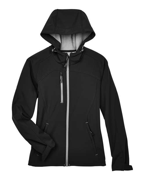 North End 78166, Women's Prospect Two-layer Fleece Bonded Soft Shell Hooded Jacket, Black